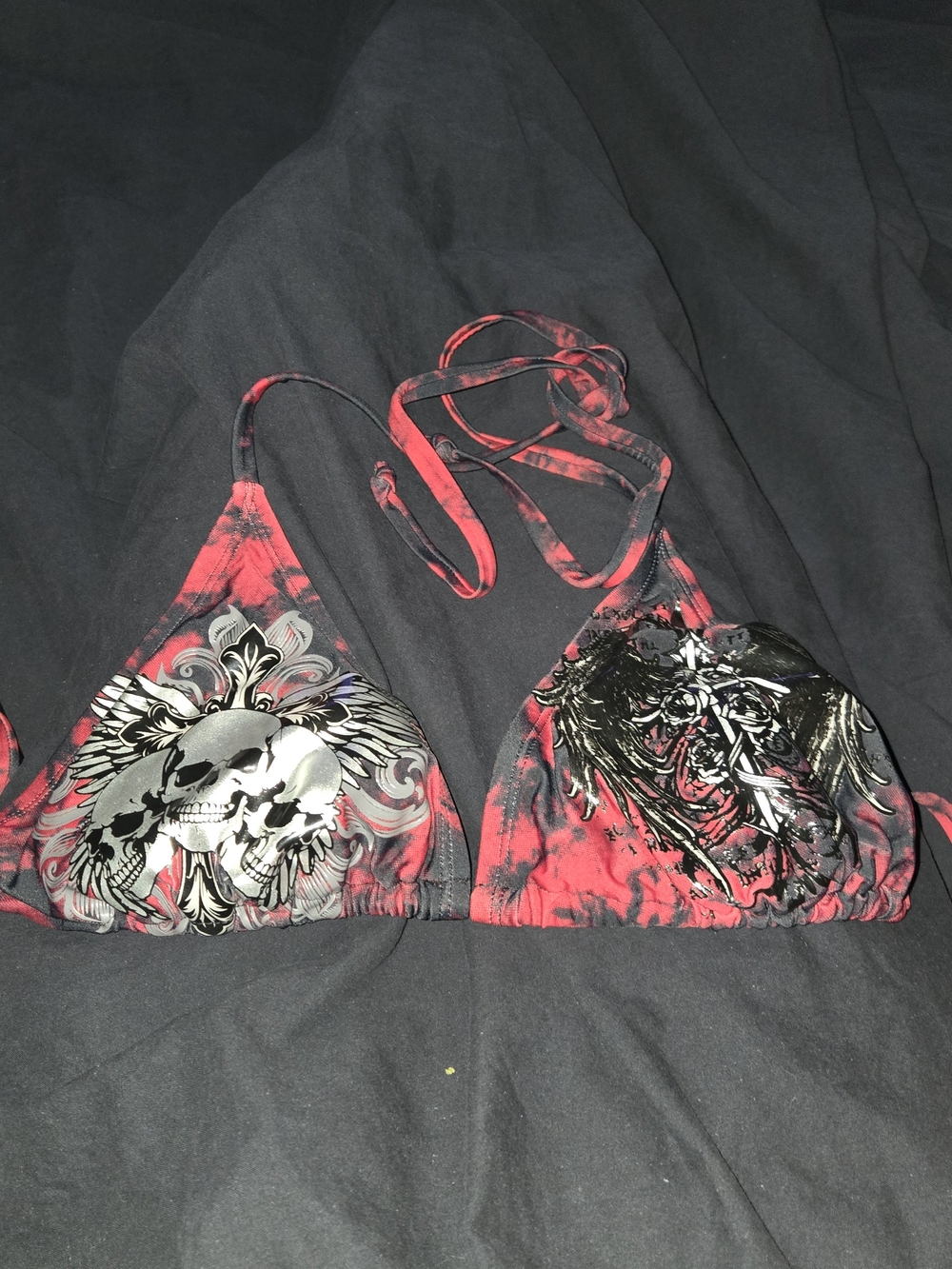 Hot Topic Red and Black Skull Graphic Triangle Bikini Top
